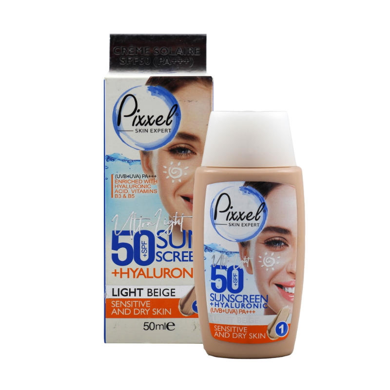 کرم ضد آفتاب رنگی بژ روشن مناسب پوست های خشک تا نرمال و حساس SPF50 پیکسل Pixxel