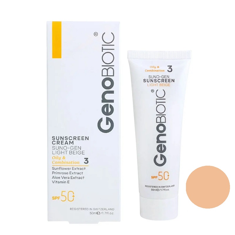 کرم ضد آفتاب +SPF50 مناسب پوست های چرب و مختلط بژ روشن ژنوبایوتیک Geno biotic